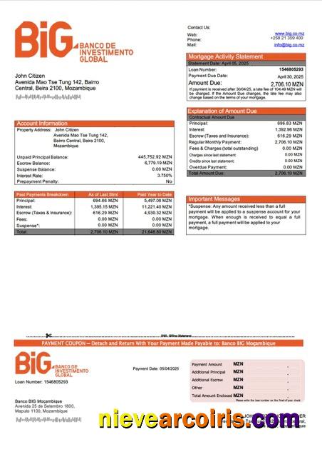 Mozambique Banco BIG Moçambique mortgage statement Word and PDF template